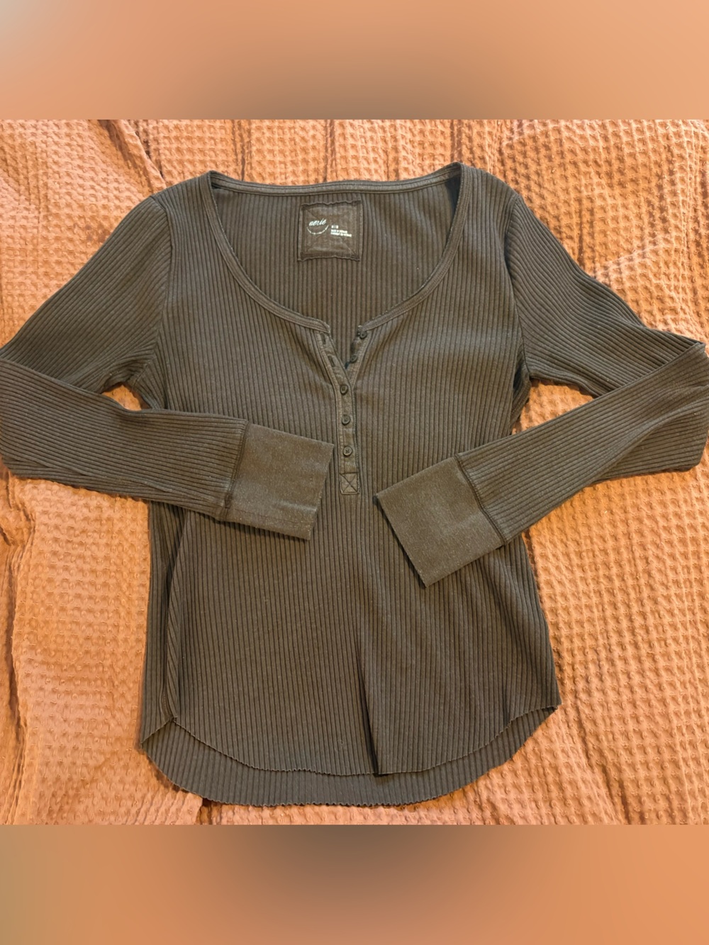 aerie Ribbed Henley Tops - Brown & Cream